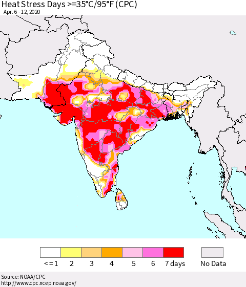 Southern Asia Heat Stress Days >=35°C/95°F (CPC) Thematic Map For 4/6/2020 - 4/12/2020