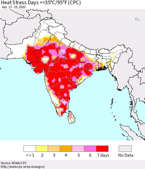 Southern Asia Heat Stress Days >=35°C/95°F (CPC) Thematic Map For 4/13/2020 - 4/19/2020