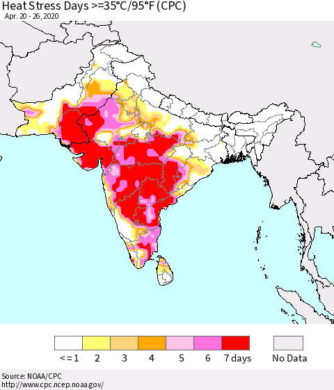 Southern Asia Heat Stress Days >=35°C/95°F (CPC) Thematic Map For 4/20/2020 - 4/26/2020