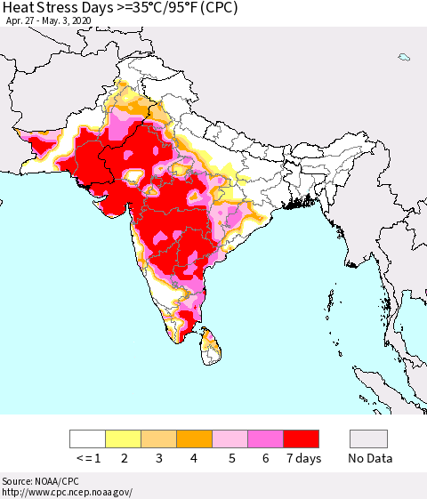 Southern Asia Heat Stress Days >=35°C/95°F (CPC) Thematic Map For 4/27/2020 - 5/3/2020