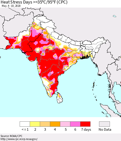 Southern Asia Heat Stress Days >=35°C/95°F (CPC) Thematic Map For 5/4/2020 - 5/10/2020