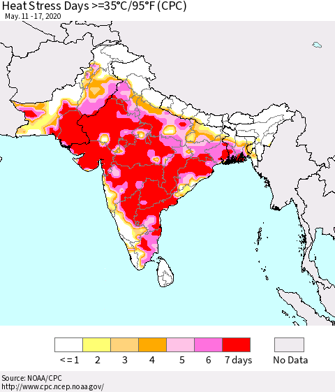 Southern Asia Heat Stress Days >=35°C/95°F (CPC) Thematic Map For 5/11/2020 - 5/17/2020