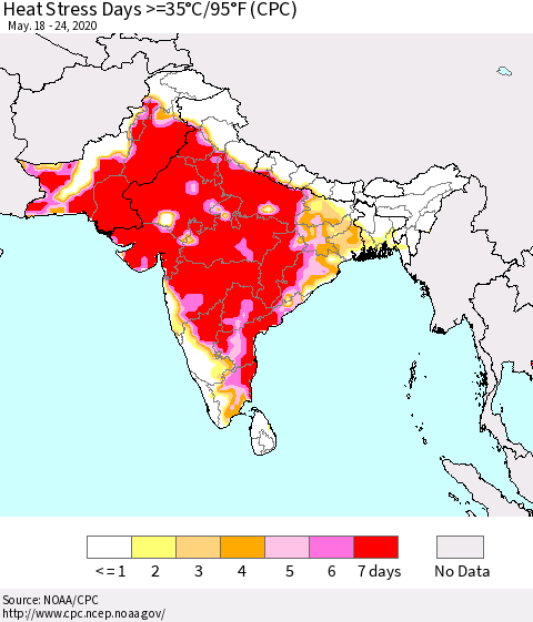 Southern Asia Heat Stress Days >=35°C/95°F (CPC) Thematic Map For 5/18/2020 - 5/24/2020