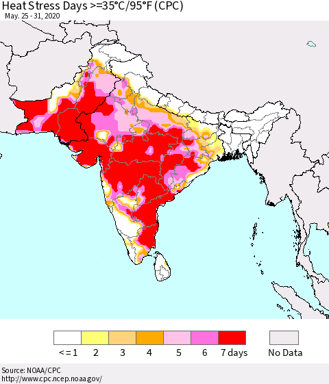 Southern Asia Heat Stress Days >=35°C/95°F (CPC) Thematic Map For 5/25/2020 - 5/31/2020