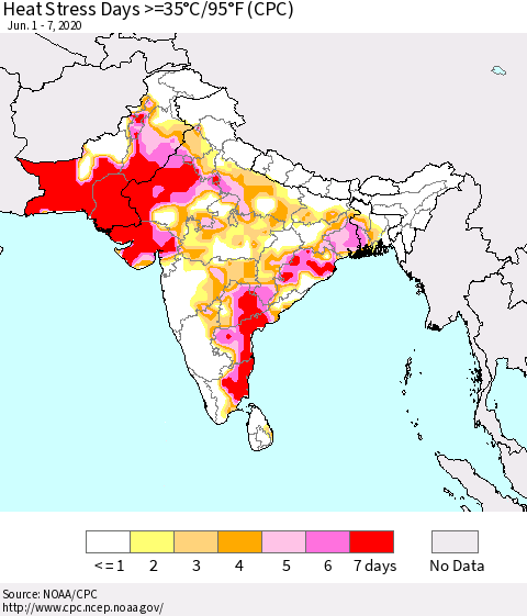 Southern Asia Heat Stress Days >=35°C/95°F (CPC) Thematic Map For 6/1/2020 - 6/7/2020