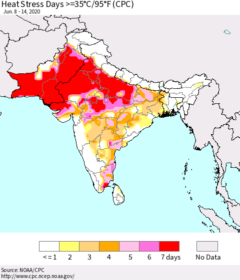 Southern Asia Heat Stress Days >=35°C/95°F (CPC) Thematic Map For 6/8/2020 - 6/14/2020