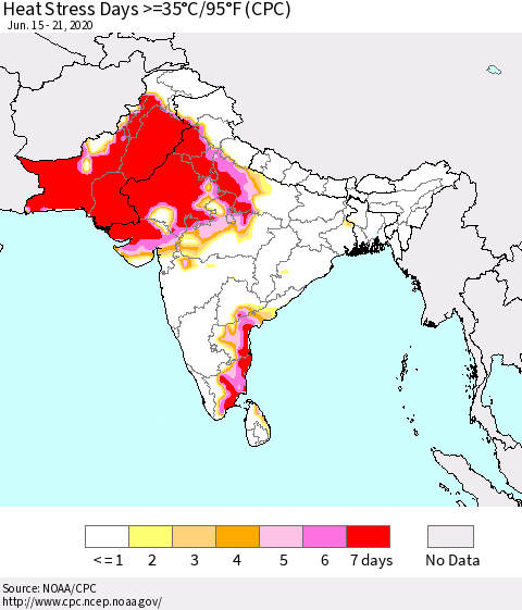 Southern Asia Heat Stress Days >=35°C/95°F (CPC) Thematic Map For 6/15/2020 - 6/21/2020
