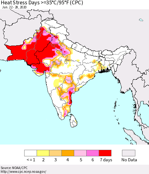 Southern Asia Heat Stress Days >=35°C/95°F (CPC) Thematic Map For 6/22/2020 - 6/28/2020