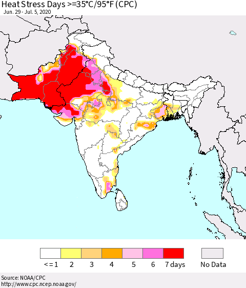Southern Asia Heat Stress Days >=35°C/95°F (CPC) Thematic Map For 6/29/2020 - 7/5/2020