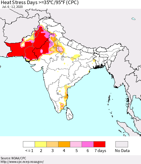 Southern Asia Heat Stress Days >=35°C/95°F (CPC) Thematic Map For 7/6/2020 - 7/12/2020