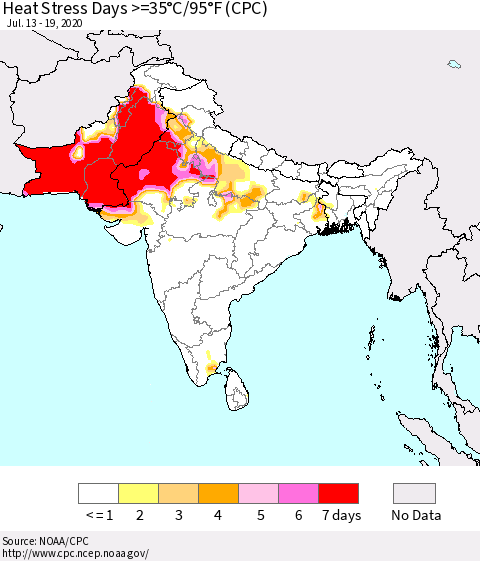 Southern Asia Heat Stress Days >=35°C/95°F (CPC) Thematic Map For 7/13/2020 - 7/19/2020