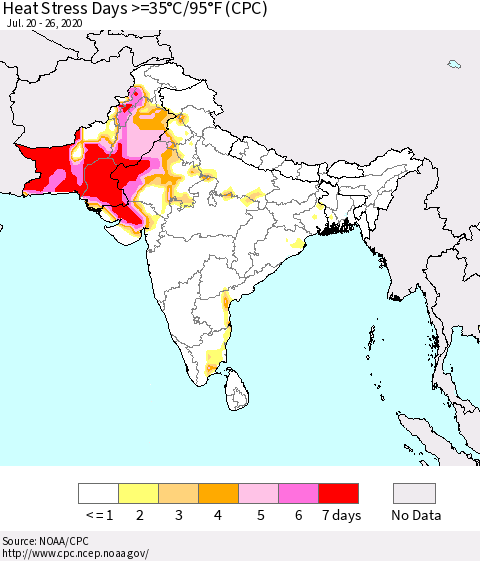 Southern Asia Heat Stress Days >=35°C/95°F (CPC) Thematic Map For 7/20/2020 - 7/26/2020