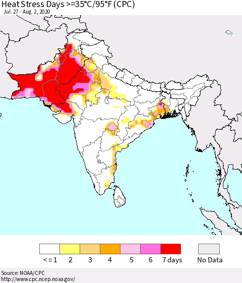 Southern Asia Heat Stress Days >=35°C/95°F (CPC) Thematic Map For 7/27/2020 - 8/2/2020