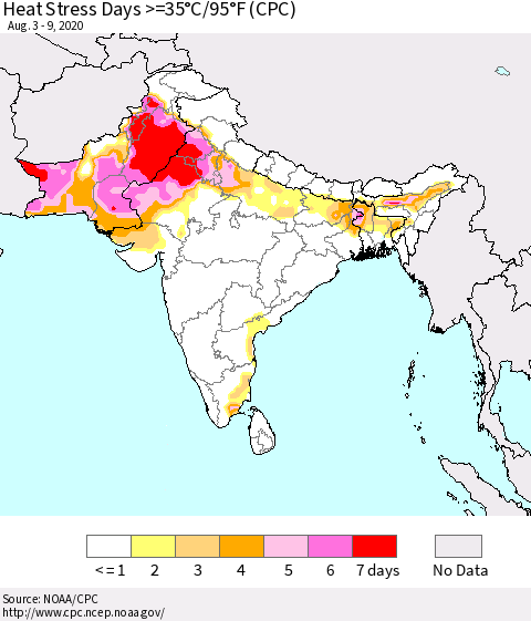 Southern Asia Heat Stress Days >=35°C/95°F (CPC) Thematic Map For 8/3/2020 - 8/9/2020