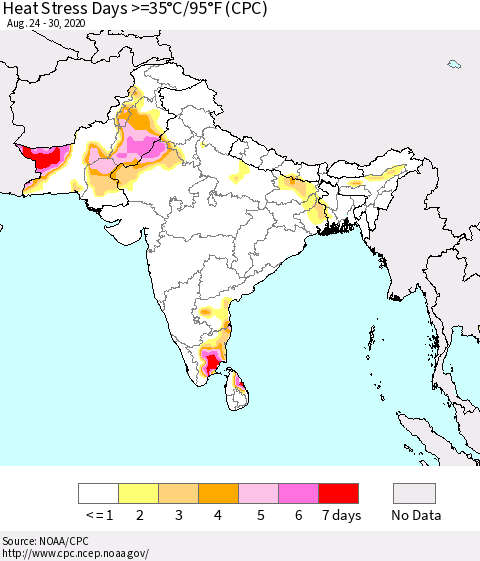 Southern Asia Heat Stress Days >=35°C/95°F (CPC) Thematic Map For 8/24/2020 - 8/30/2020