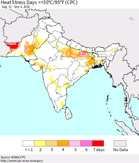 Southern Asia Heat Stress Days >=35°C/95°F (CPC) Thematic Map For 8/31/2020 - 9/6/2020