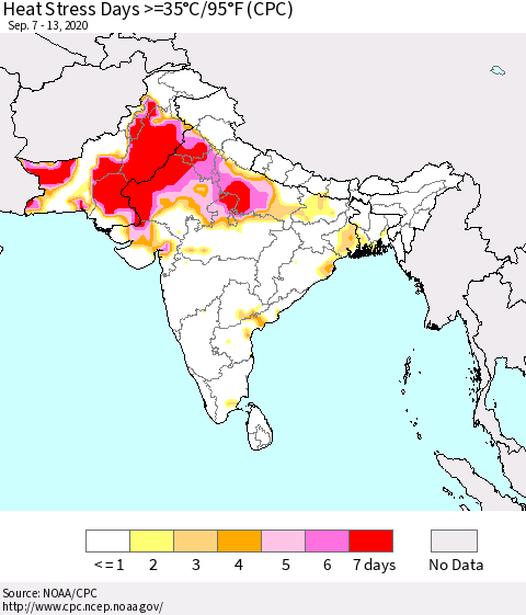 Southern Asia Heat Stress Days >=35°C/95°F (CPC) Thematic Map For 9/7/2020 - 9/13/2020
