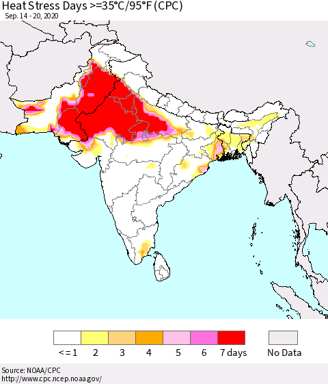 Southern Asia Heat Stress Days >=35°C/95°F (CPC) Thematic Map For 9/14/2020 - 9/20/2020
