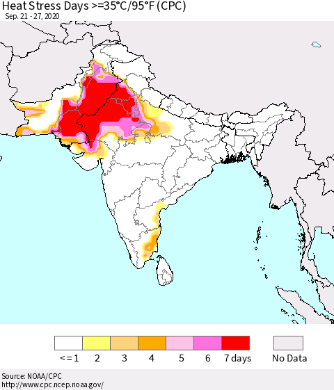 Southern Asia Heat Stress Days >=35°C/95°F (CPC) Thematic Map For 9/21/2020 - 9/27/2020
