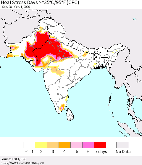 Southern Asia Heat Stress Days >=35°C/95°F (CPC) Thematic Map For 9/28/2020 - 10/4/2020