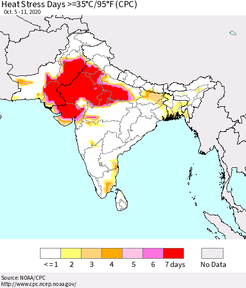 Southern Asia Heat Stress Days >=35°C/95°F (CPC) Thematic Map For 10/5/2020 - 10/11/2020
