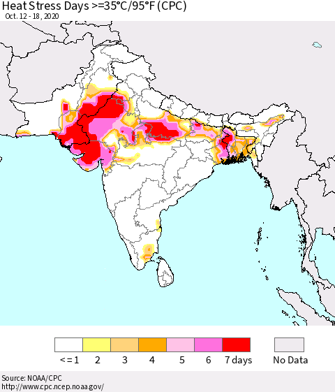 Southern Asia Heat Stress Days >=35°C/95°F (CPC) Thematic Map For 10/12/2020 - 10/18/2020