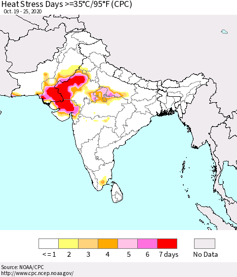 Southern Asia Heat Stress Days >=35°C/95°F (CPC) Thematic Map For 10/19/2020 - 10/25/2020