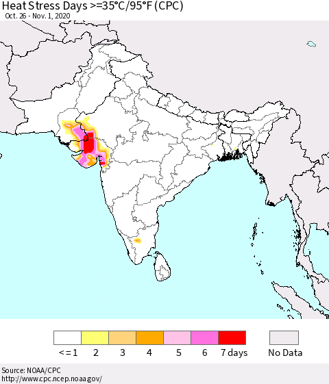 Southern Asia Heat Stress Days >=35°C/95°F (CPC) Thematic Map For 10/26/2020 - 11/1/2020