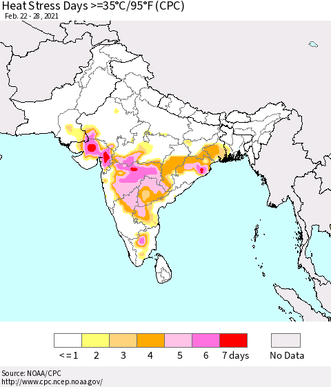 Southern Asia Heat Stress Days >=35°C/95°F (CPC) Thematic Map For 2/22/2021 - 2/28/2021