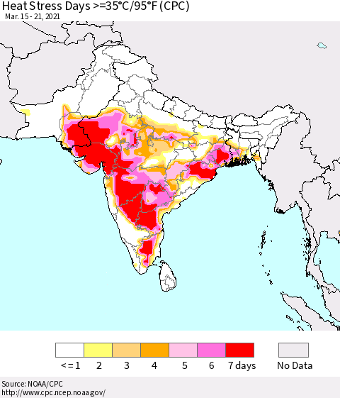 Southern Asia Heat Stress Days >=35°C/95°F (CPC) Thematic Map For 3/15/2021 - 3/21/2021