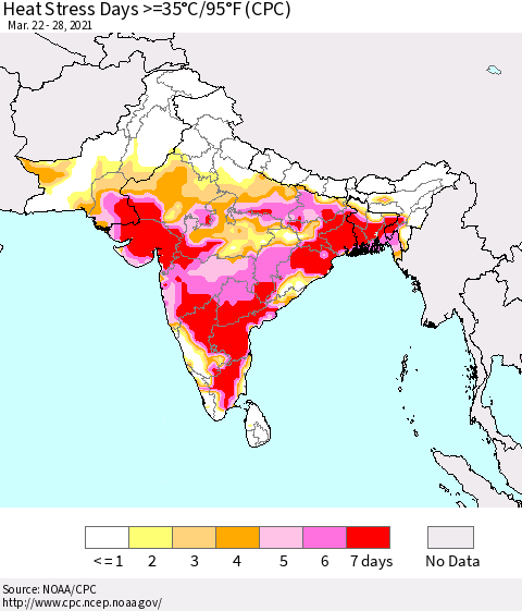Southern Asia Heat Stress Days >=35°C/95°F (CPC) Thematic Map For 3/22/2021 - 3/28/2021