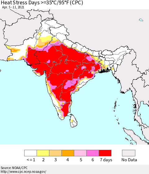 Southern Asia Heat Stress Days >=35°C/95°F (CPC) Thematic Map For 4/5/2021 - 4/11/2021