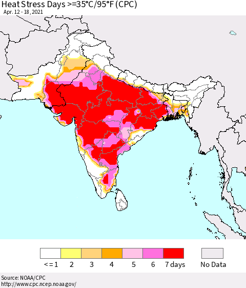 Southern Asia Heat Stress Days >=35°C/95°F (CPC) Thematic Map For 4/12/2021 - 4/18/2021