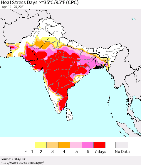 Southern Asia Heat Stress Days >=35°C/95°F (CPC) Thematic Map For 4/19/2021 - 4/25/2021