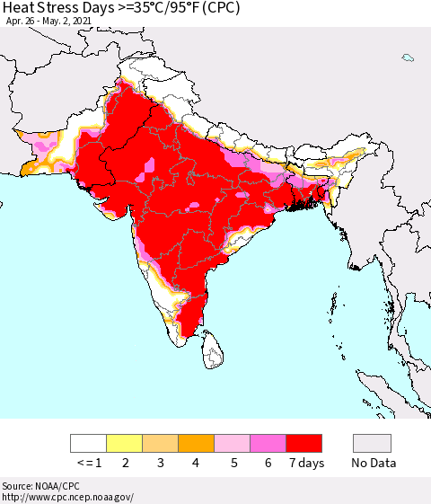 Southern Asia Heat Stress Days >=35°C/95°F (CPC) Thematic Map For 4/26/2021 - 5/2/2021