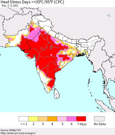 Southern Asia Heat Stress Days >=35°C/95°F (CPC) Thematic Map For 5/3/2021 - 5/9/2021