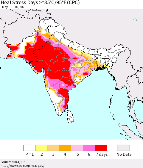 Southern Asia Heat Stress Days >=35°C/95°F (CPC) Thematic Map For 5/10/2021 - 5/16/2021