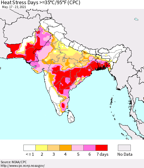 Southern Asia Heat Stress Days >=35°C/95°F (CPC) Thematic Map For 5/17/2021 - 5/23/2021