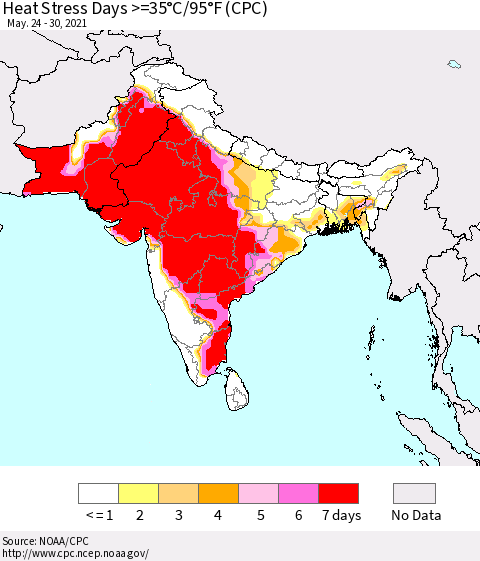 Southern Asia Heat Stress Days >=35°C/95°F (CPC) Thematic Map For 5/24/2021 - 5/30/2021