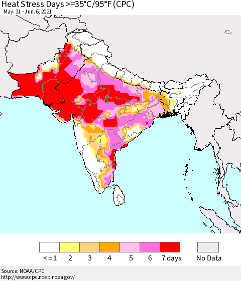 Southern Asia Heat Stress Days >=35°C/95°F (CPC) Thematic Map For 5/31/2021 - 6/6/2021
