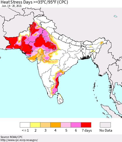 Southern Asia Heat Stress Days >=35°C/95°F (CPC) Thematic Map For 6/14/2021 - 6/20/2021