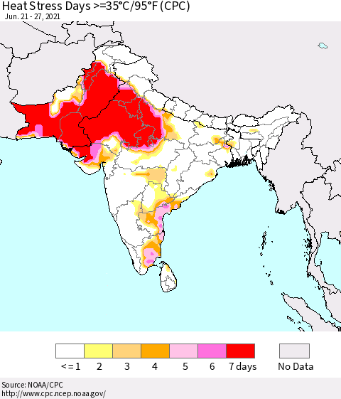 Southern Asia Heat Stress Days >=35°C/95°F (CPC) Thematic Map For 6/21/2021 - 6/27/2021