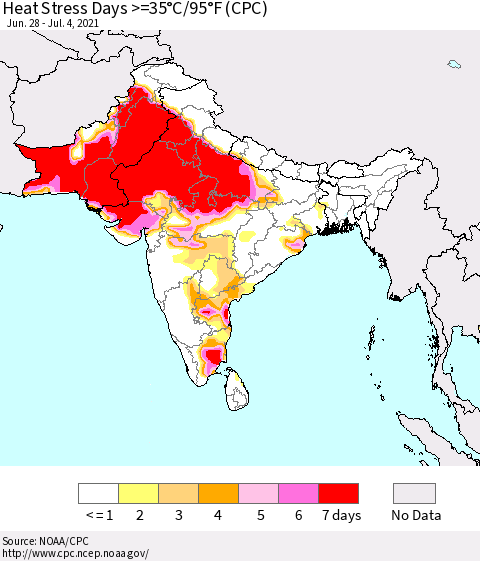 Southern Asia Heat Stress Days >=35°C/95°F (CPC) Thematic Map For 6/28/2021 - 7/4/2021