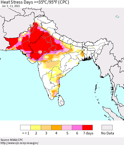 Southern Asia Heat Stress Days >=35°C/95°F (CPC) Thematic Map For 7/5/2021 - 7/11/2021