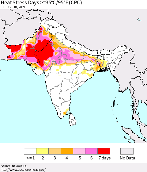 Southern Asia Heat Stress Days >=35°C/95°F (CPC) Thematic Map For 7/12/2021 - 7/18/2021