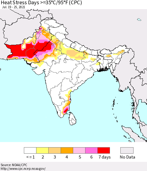 Southern Asia Heat Stress Days >=35°C/95°F (CPC) Thematic Map For 7/19/2021 - 7/25/2021
