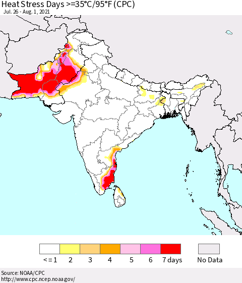 Southern Asia Heat Stress Days >=35°C/95°F (CPC) Thematic Map For 7/26/2021 - 8/1/2021