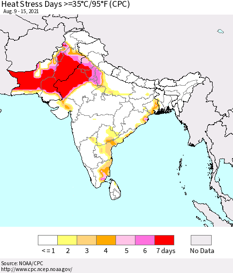 Southern Asia Heat Stress Days >=35°C/95°F (CPC) Thematic Map For 8/9/2021 - 8/15/2021