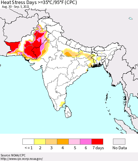 Southern Asia Heat Stress Days >=35°C/95°F (CPC) Thematic Map For 8/30/2021 - 9/5/2021
