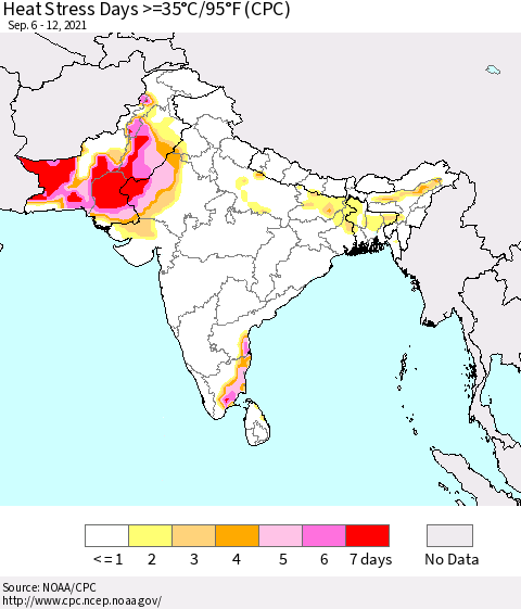 Southern Asia Heat Stress Days >=35°C/95°F (CPC) Thematic Map For 9/6/2021 - 9/12/2021